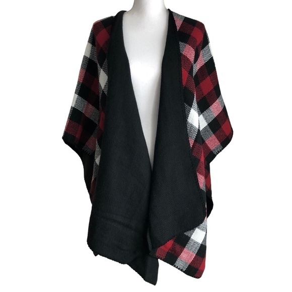 Woolrich Reversible Blanket Wrap Buffalo Check Red White Black Shawl Poncho - Picture 7 of 11